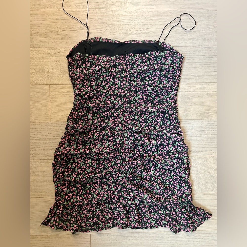 Rouched floral mini dress with spaghetti straps
